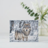 Seasons Greeting Christmas Wolf in Snow シーズンポストカード (スタンド正面)