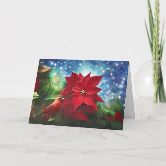 Seasons Greeting with Cardinal and Poinsettia カード (正面)