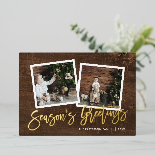 Season's Greetings 素朴金ゴールドスクリプトの写真 箔シーズンカード (立ち正面)