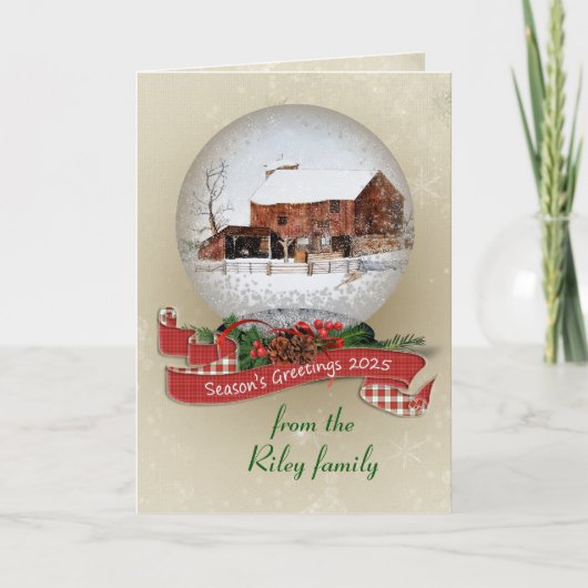 Season's Greetings 2025 Snow Globe With Barn シーズンカード (正面)