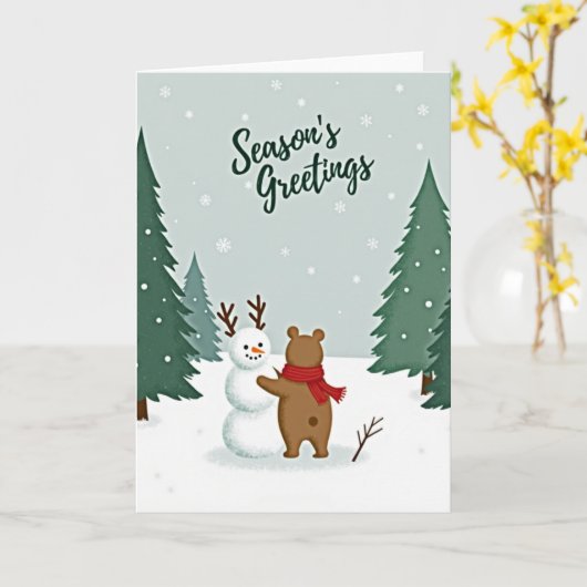 Seasons Greetings Bear Snowman カード (黄色い花)