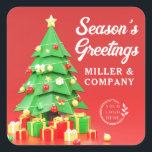 Season's Greetings Christmas 企業の Logo スクエアシール<br><div class="desc">シーズンの挨拶クリスマスロ企業のゴのシールとラベルは、赤い背景にギフトが付いたフェスティバルクリスマスツリーを特徴とする。"シーズンパーソナライズされたズ・グリーティング"または手に書カスタム字のスクリプトのタイポグラフィ書と、あなたのクリスマスと休日のパーティーのためのビジネス名と会社のロゴ企業の、好意、スワッグとギフト。提供されている文字ボックスで文字を編集する。©Evco Holidays www.zazzle.com/store/evcoholidaysのデザイン</div>