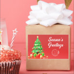 Season's Greetings Christmas 企業の Logo 長方形シール<br><div class="desc">季節の挨拶クリスマスモダンの休日のロ企業のゴのシールは、赤い背景に贈り物を持つフェスティバルクリスマスツリーを特徴とする。お使いのパーソナライズされた文字を使うカスタムか、手書きのスクリプトのタイポグラフィで書は「季節の挨拶モダン」のを使用し、休日のパーティー、クリスマスの好意、スタッフのスワッグ、または顧客のギフトのためにあなたのビジネスのロゴを追加する。提供されている文字ボックスで文字を編集する。©Evco Holidays www.zazzle.com/store/evcoholidaysのデザイン</div>