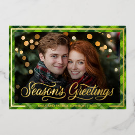 Seasons Greetings | Christmas Green Plaid Photo 箔シーズンカード