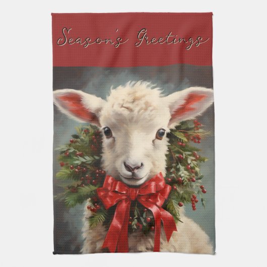 Season's Greetings Christmas Lamb Kitchen Towel キッチンタオル (縦)