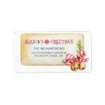 Season's Greetings Christmas Ribbon Bellsアドレス ラベル<br><div class="desc">ヴィンテージの素朴な季節の挨拶クリスマスの水の色の赤い白いストライプリボンのジングルベル住所 シール。おカスタマイズ名前と文字で</div>