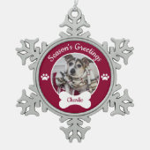Season's Greetings Cute Dog Photo Name Paw Prints スノーフレークピューターオーナメント (正面)