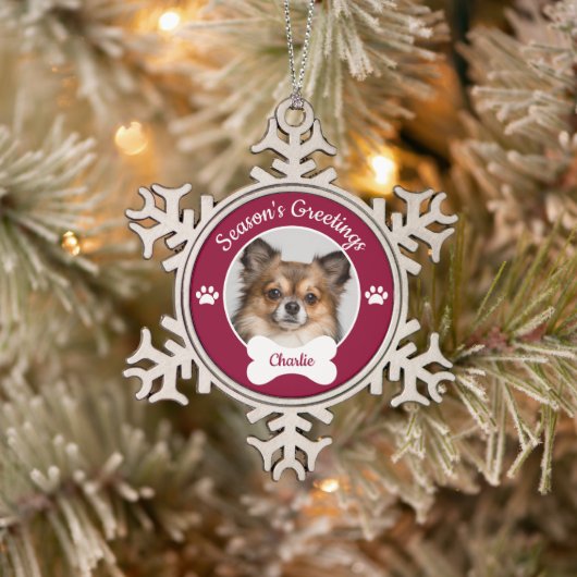 Season's greetings Cute Dog photo with Name Paws スノーフレークピューターオーナメント (ツリー)