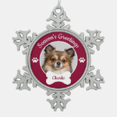 Season's greetings Cute Dog photo with Name Paws スノーフレークピューターオーナメント (正面)