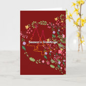 Season's Greetings Dk Red Holiday Christmas  カード (黄色い花)