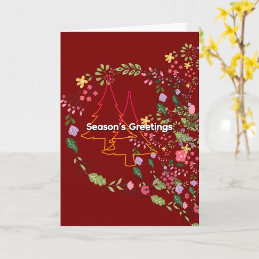 Season's Greetings Dk Red Holiday Christmas  カード (黄色い花)