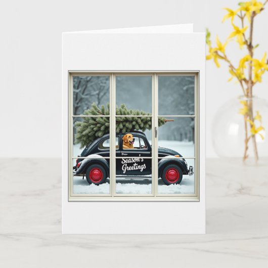 Seasons Greetings Dog Beetle Christmas Tree Window カード (黄色い花)