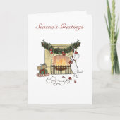 Season's Greetings Fireplace Cat Greeting Card シーズンカード (正面)