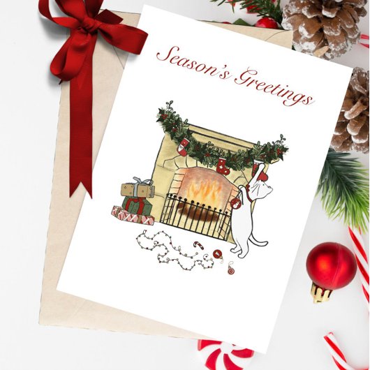 Season's Greetings Fireplace Cat Greeting Card シーズンカード