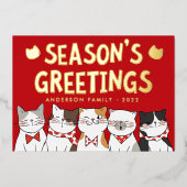 Season's Greetings Funny Cute Cats Caroling 箔シーズンカード (正面)