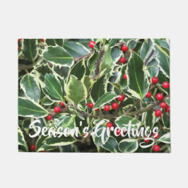 Season's Greetings Holly Berry Holiday ドアマット