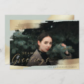Season's Greetings Mint & Gold Foil Brush Photo シーズンカード (正面/裏面)