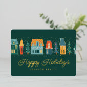 Season's Greetings Modern Winter Snow Village 箔シーズンカード (立ち正面)