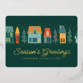 Season's Greetings Modern Winter Snow Village 箔シーズンカード (正面)