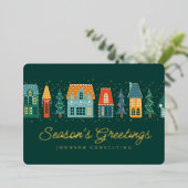 Season's Greetings Modern Winter Snow Village 箔シーズンカード (立ち正面)