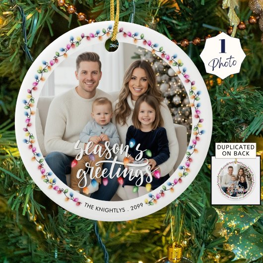 Seasons Greetings One Photo Christmas Lights セラミックオーナメント