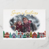 Season's Greetings Photo Boho Christmas Village 箔シーズンカード (正面)