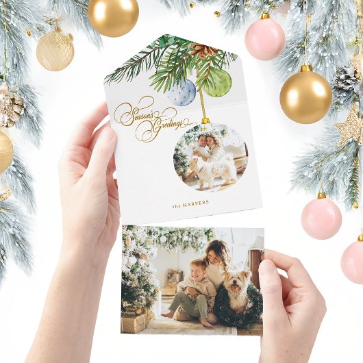Season's Greetings Pine Christmas Ornament Photo オールインワン招待状
