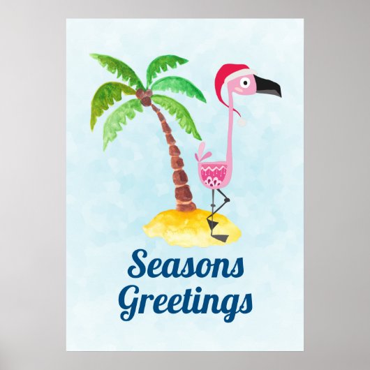Seasons Greetings Pink Flamingo in Santa Hat ポスター (正面)