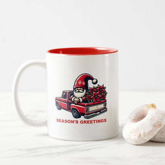 Season's Greetings Poinsettia Gnome In Red Truck ツートーンマグカップ (ドーナツ)
