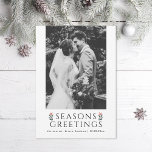 Seasons Greetings Poinsettia Photo シーズンカード<br><div class="desc">Seasons Greetings editable type with illustrated poinsettias flanking. Customize further to add more text or more photos to the back side.</div>