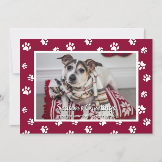 Season's Greetings Red White Paw Prints Dog Photo シーズンカード (正面)