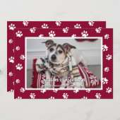 Season's Greetings Red White Paw Prints Dog Photo シーズンカード (正面/裏面)