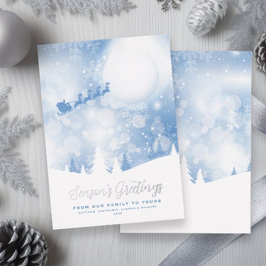Season's Greetings Santa Script Blue Snow Real 箔シーズンカード
