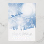 Season's Greetings Santa Script Blue Snow Real 箔シーズンカード (正面)