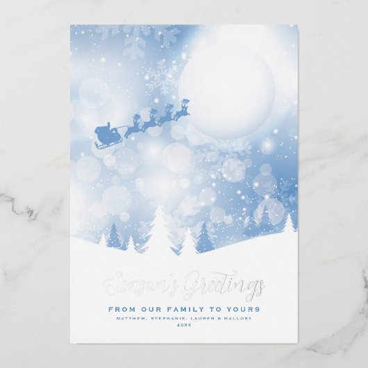 Season's Greetings Santa Script Blue Snow Real 箔シーズンカード (正面)