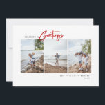 Season's Greetings Script モダン Minimalist Photo シーズンカード<br><div class="desc">季節の挨拶、ミニマルモダンムタイポグラフィデザイン、3縦中央の写真、グリーティングカード。機能、赤いモダンスクリプト「あいさつ」と赤い色のバック無地のを調整する。テンプレート文字明細の名称と年。</div>