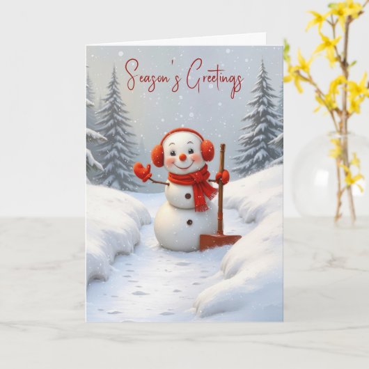 Season's Greetings Snowman with a Red Shovel カード (黄色い花)