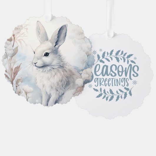 Season's Greetings Snowshoe Rabbit オーナメントカード (正面/裏面)
