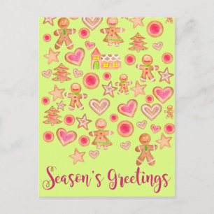 Season's Greetings watercolor gingerbread cookies ポストカード