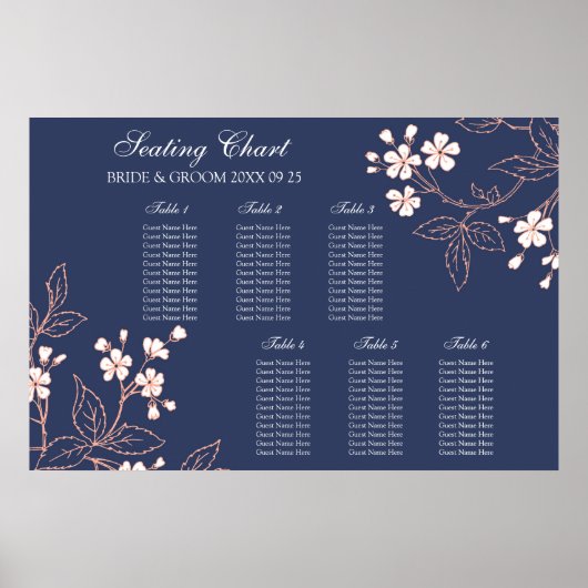 Seating Chart 6 Tables Blue Coral Floral ポスター (正面)