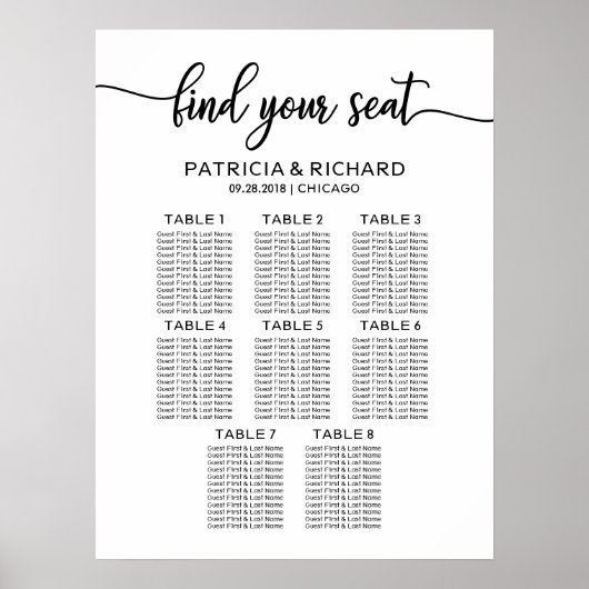 Seating Chart Elegant Calligraphy - 8 Tables ポスター (正面)