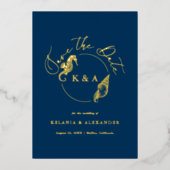 SEATTERAL 航海の Monogram Wedding日付を保存 箔招待状 (正面)