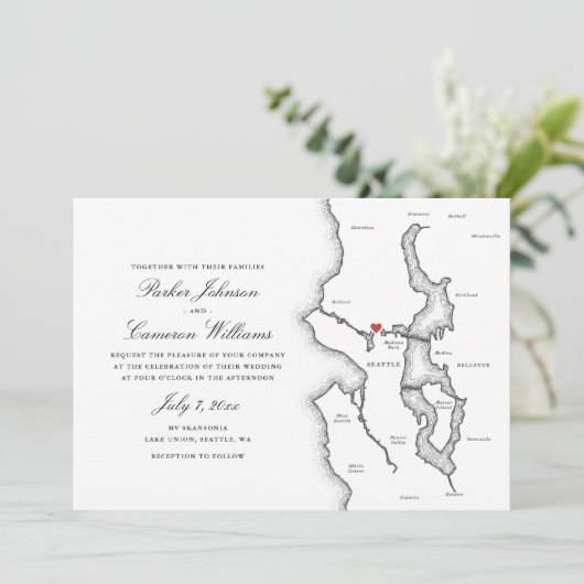 Seattle All-in-One QR code Black and White Wedding 招待状 (スタンド正面)