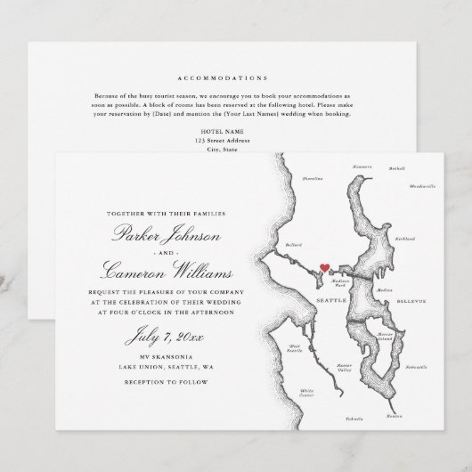 Seattle All-in-One QR code Black and White Wedding 招待状 (正面/裏面)