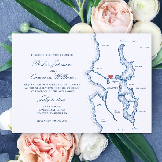 Seattle Lake Washington Map Elegant Navy Wedding 招待状