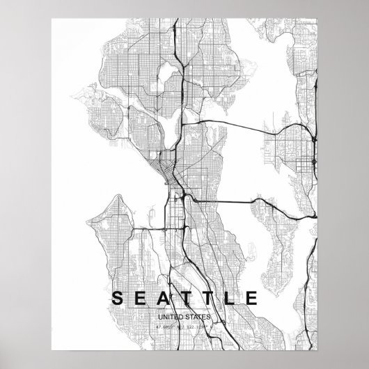 Seattle Minimalist Map (Black & White) ポスター (正面)