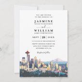 SEATTLE Skyline Destination Modern QR Code Wedding 招待状 (正面)