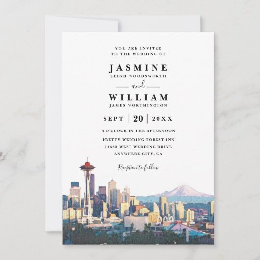 SEATTLE Skyline Destination Modern QR Code Wedding 招待状 (正面)