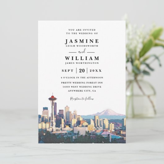 SEATTLE Skyline Destination Modern QR Code Wedding 招待状 (スタンド正面)