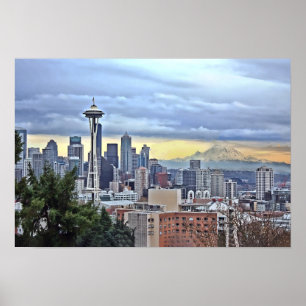 Seattle Skyline in Fog and Rain ポスター